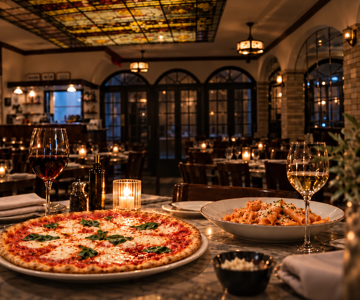 Candlelit table with pizza and rigatoni alla vodka in Villa Milano’s Manhasset dining room