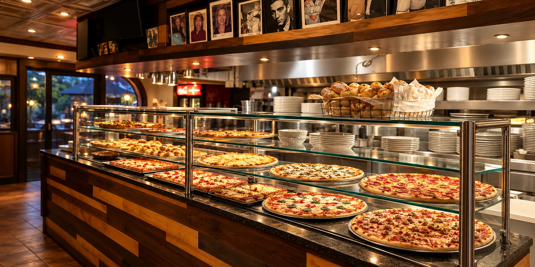 Villa Milano’s glass-front pizza counter with freshly baked pies, warm wood and framed neighborhood memories