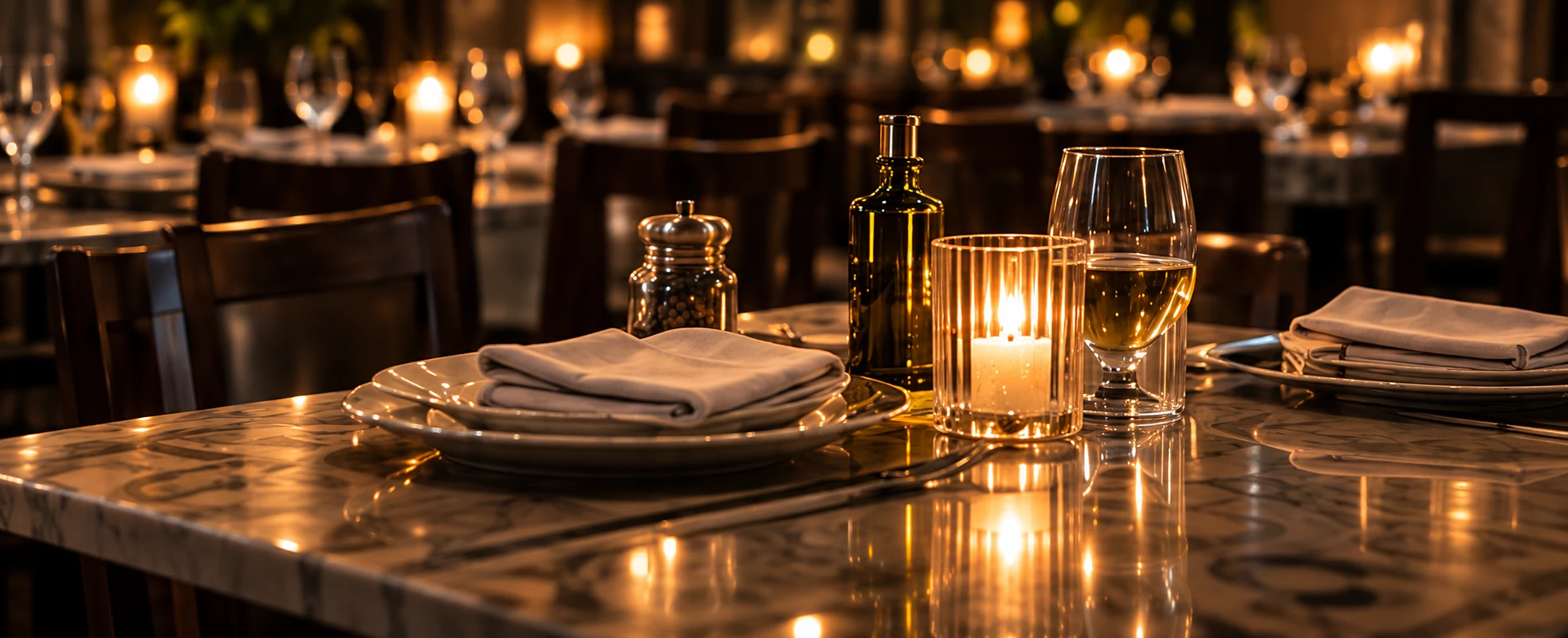 A warmly set table with a candle, folded napkins and glasses at Villa Milano